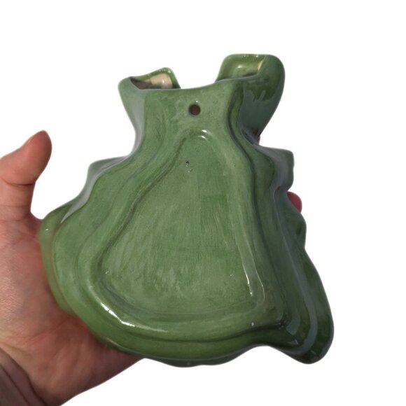 Vintage MCM Wall Hanging Planter Apron Theme Handmade Pottery Green Yellow Cute - Picture 6 of 7